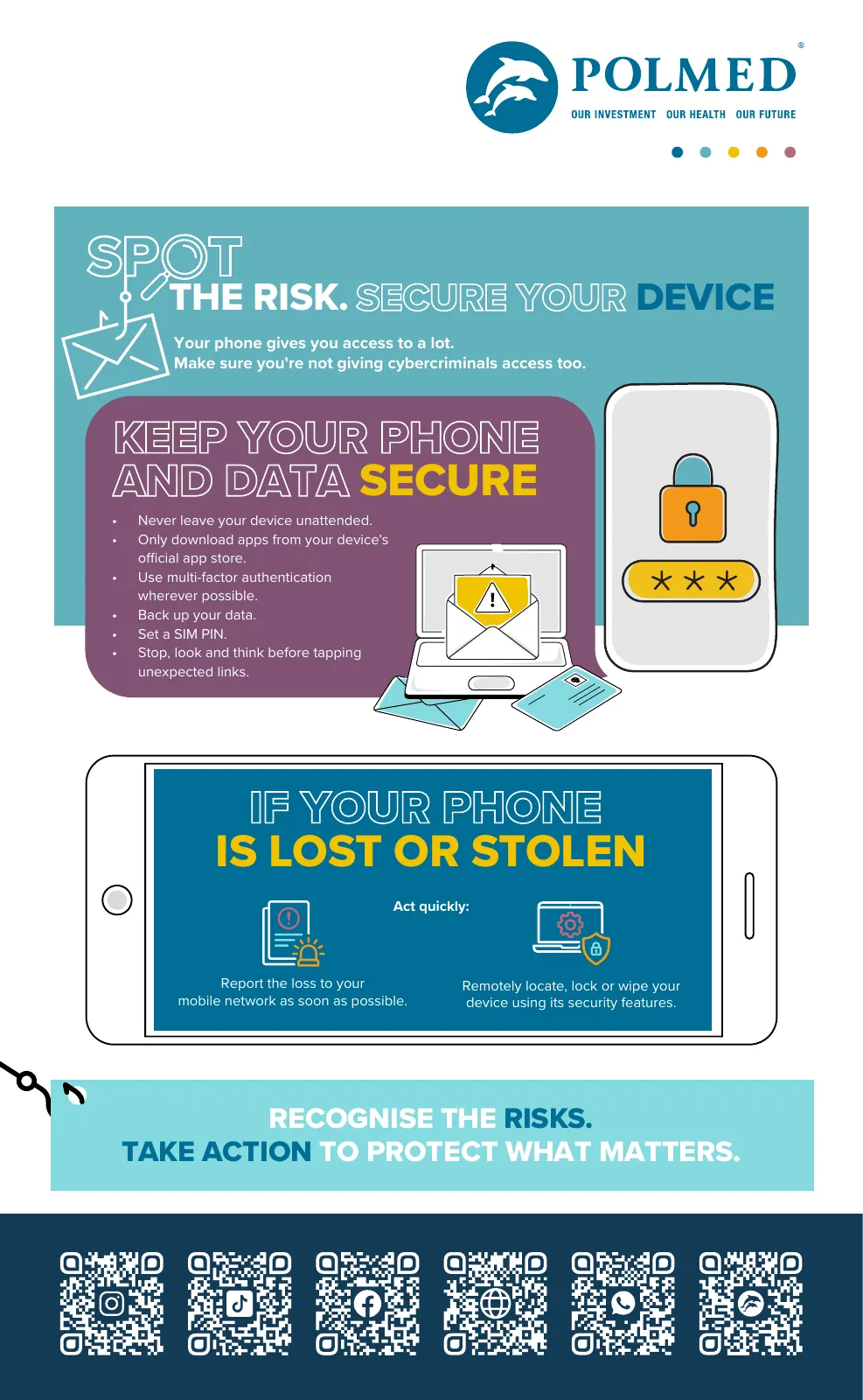 Original POLMED Spot the Risk: Secure Your Device emailer, featuring mobile phone safety guidance and steps to take if a phone is lost or stolen.