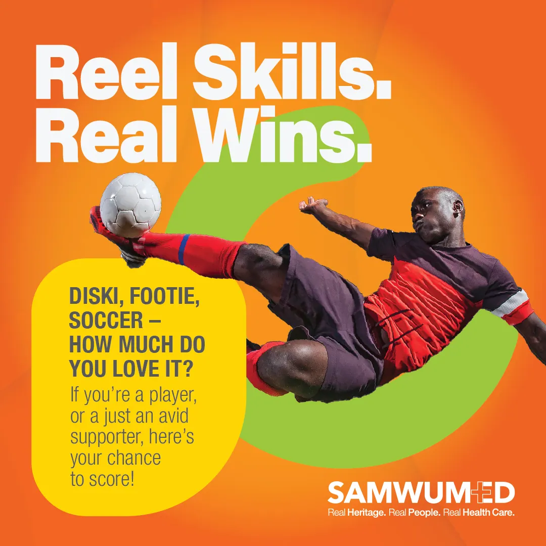 SAMWUMED Reel Skills Real Wins campaign creative featuring a footballer performing a bicycle kick